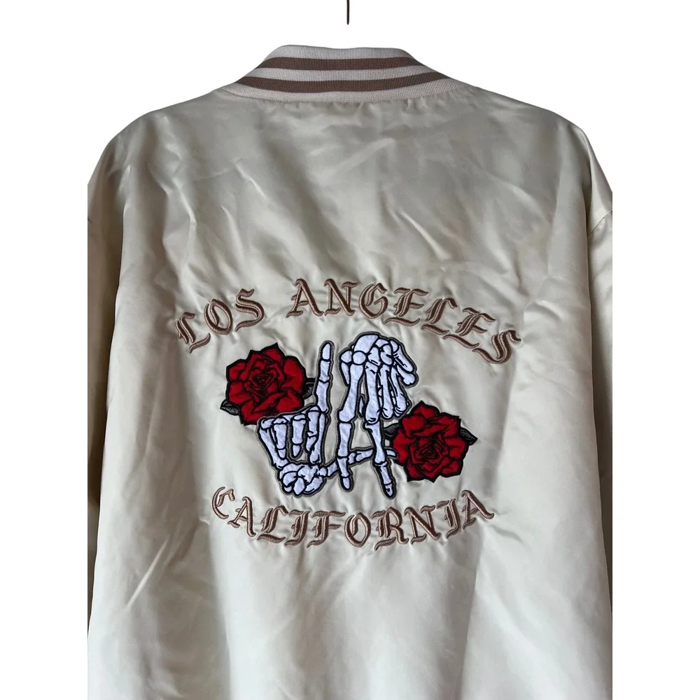 Original Deluxe Supply Mens LA Skeleton Rose Bomber Jacket Cream Medium Zip Up‎